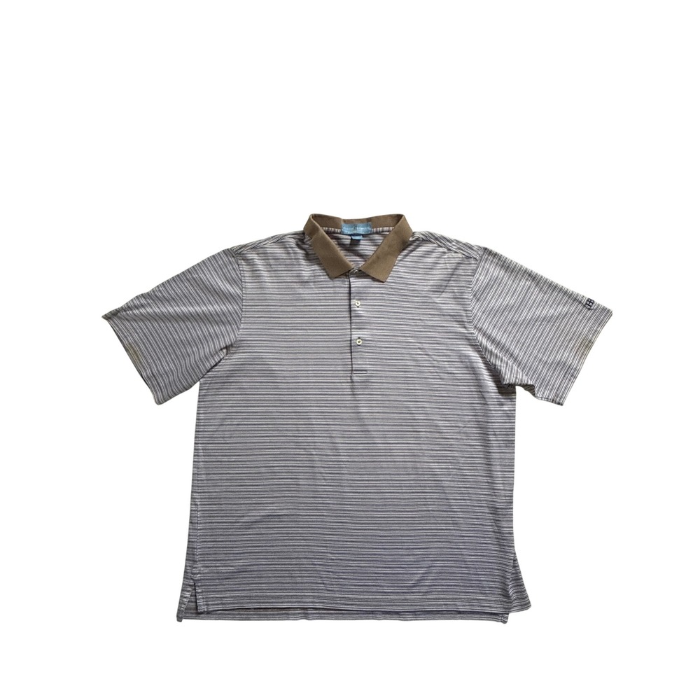 Fairway & Greene Mens XL Pureformance Striped Polo Shirt Blue Tan Bonita Bay